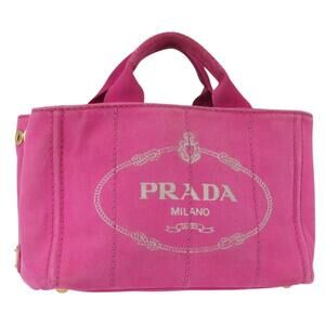 PRADA Canapa PM Hand Bag Canvas Pink Gold Auth ka913